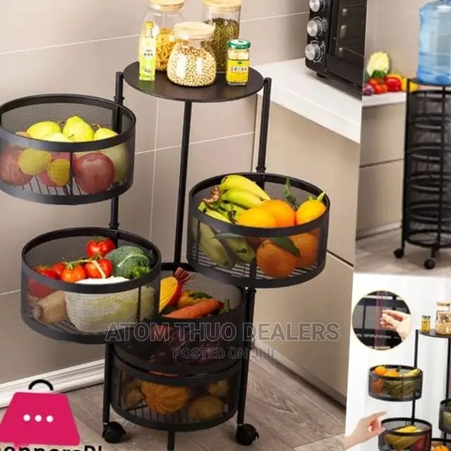 Circular Foldable Kitchen Storage Rack With Movable Wheels.