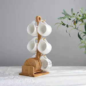 Fashion Ceramic 6 Cups (200ml) With Wooden Bamboo Stand