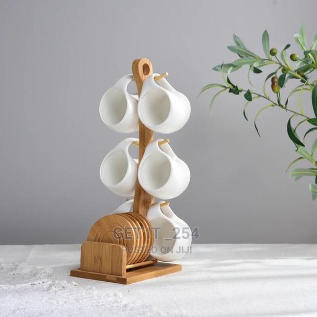 Fashion Ceramic 6 Cups (200ml) With Wooden Bamboo Stand