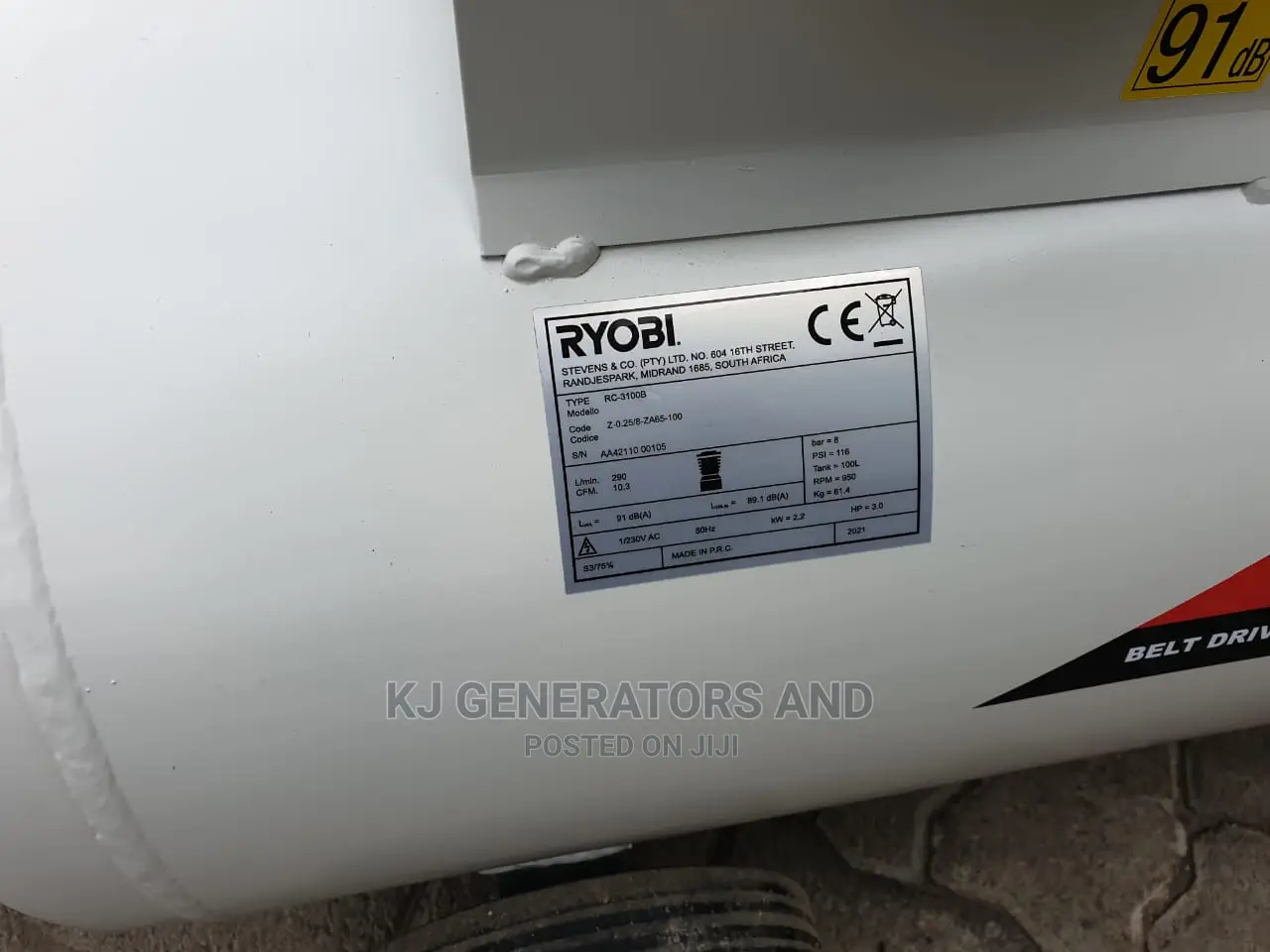 100litres 3hp Belt Drive Compressor.