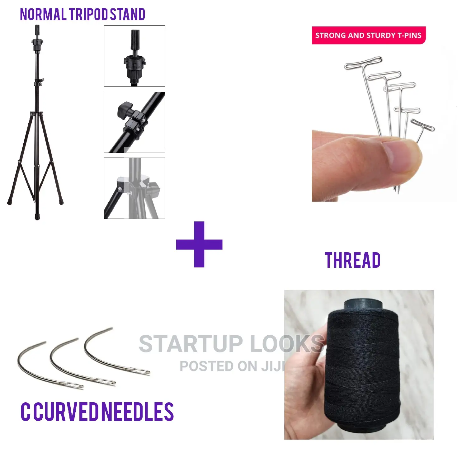 Wig Making Tripod Stand+ Tpins+Thread + C Curved Needles