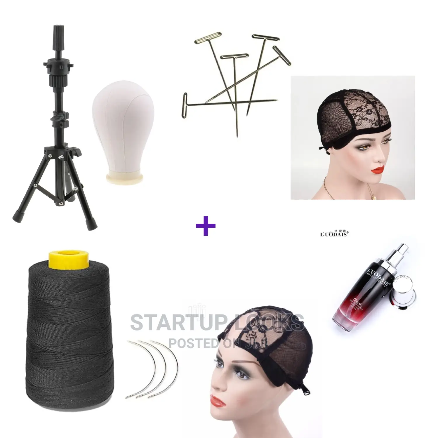 Wig Making Canvas Head+ Tripod+Serum+Wig Caps+ Tpins+ Thread