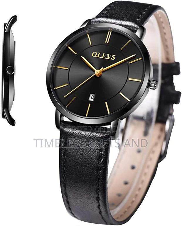 OLEVS Black Leather Simple Ladies Slim Watch