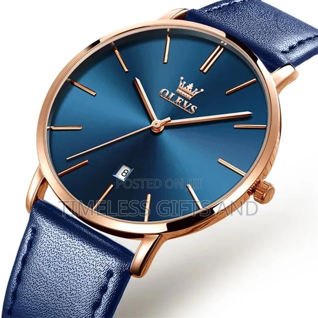 OLEVS Unisex Slim Simple Blue Leather Watch - main view