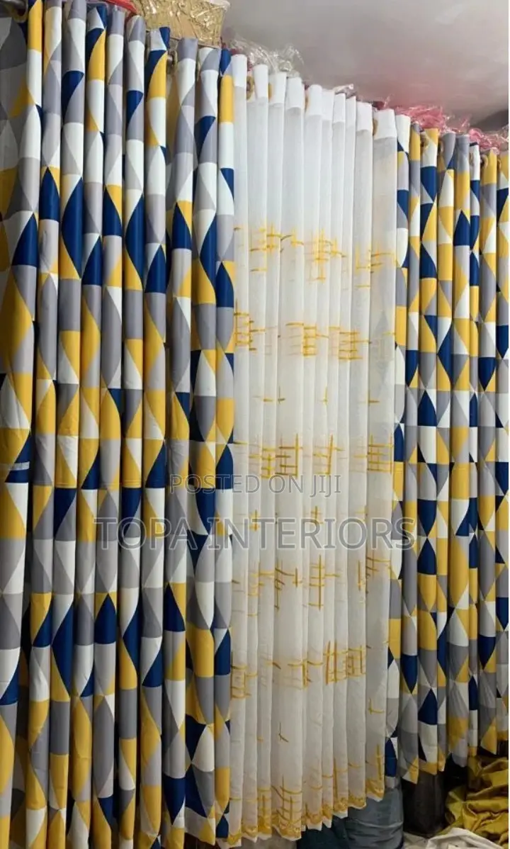 Double Sided Blue Yellow and Grey Window Curtains
