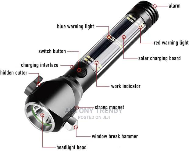 Rechargeable Solar Powered Flashlight With Glass Breaker - main view