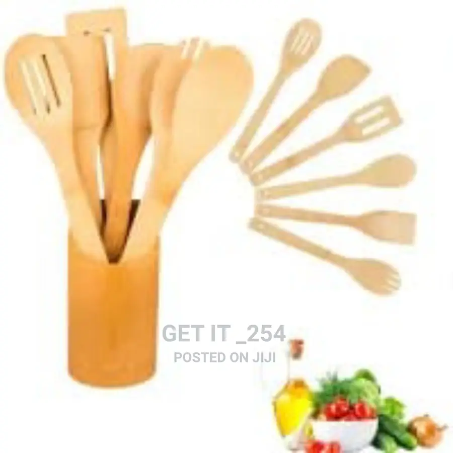5pc Bamboo Cooking Spoons + Holder