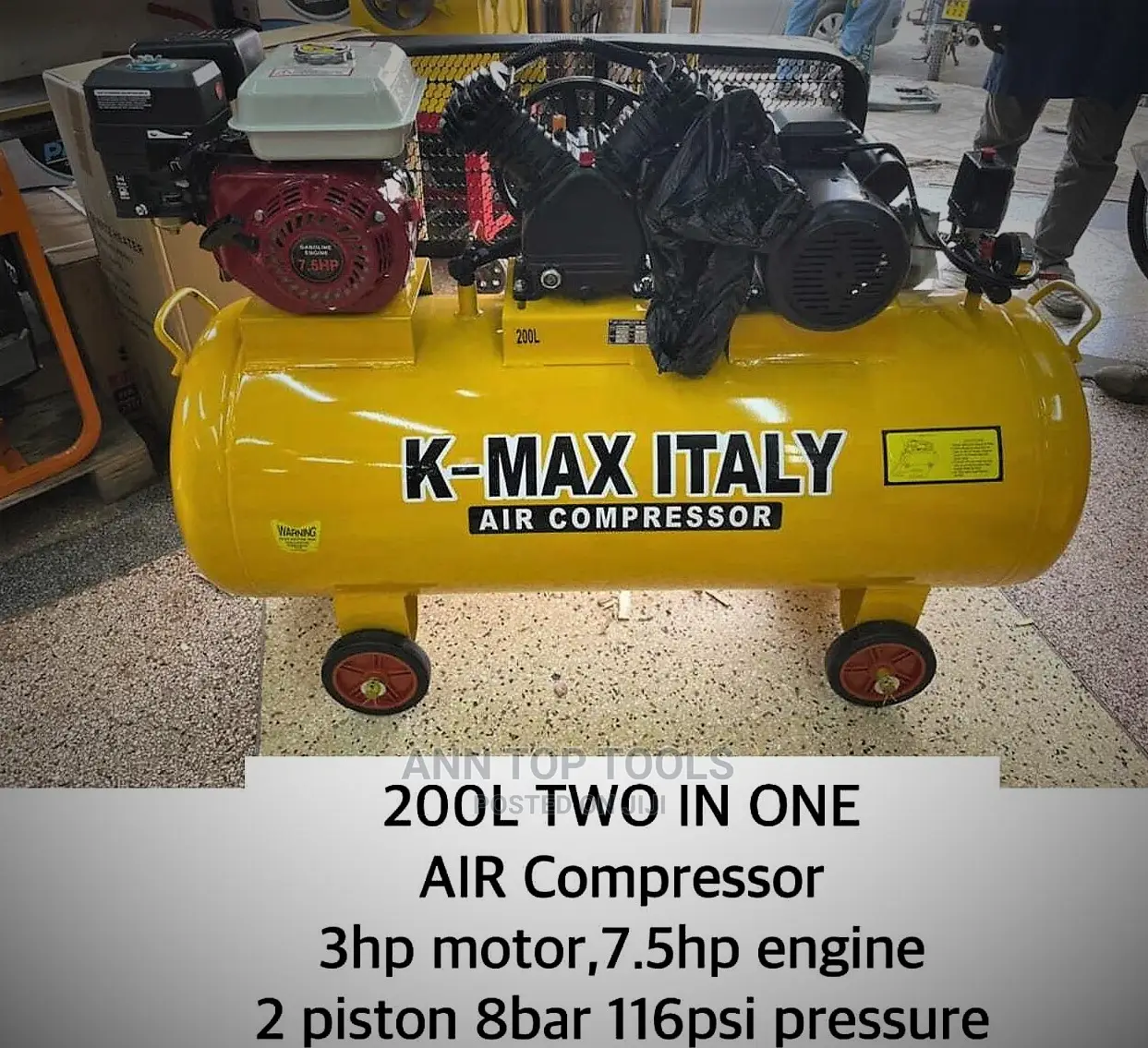 Kmax Italy 200ltrs 7.5hp Petrol Electric Air Compressor
