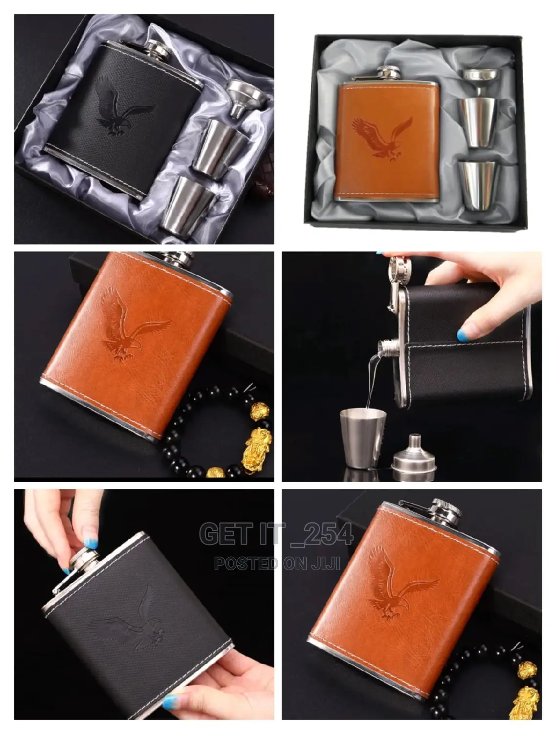 * Leather Cover Whiskey Flask With Two Tot Glasses