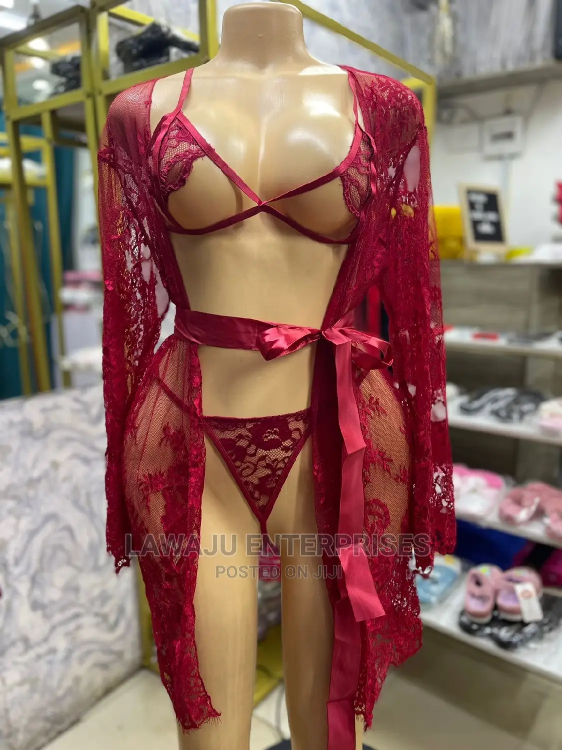 Robe, Bra, Panty Plus Satin Belt Lingerie Sleepwear Set
