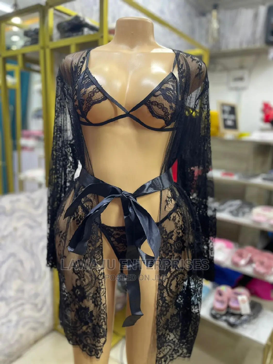 Sexy Lace Robe, Thong And Bra Lingerie Set