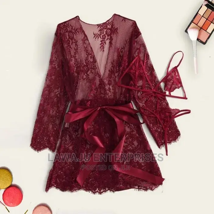 Sexy Lace Robe, Thong And Bra Lingerie Set