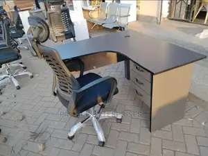 Lshaped Office Desk 4 by 4 Fitts Plus Headrest Office Chair