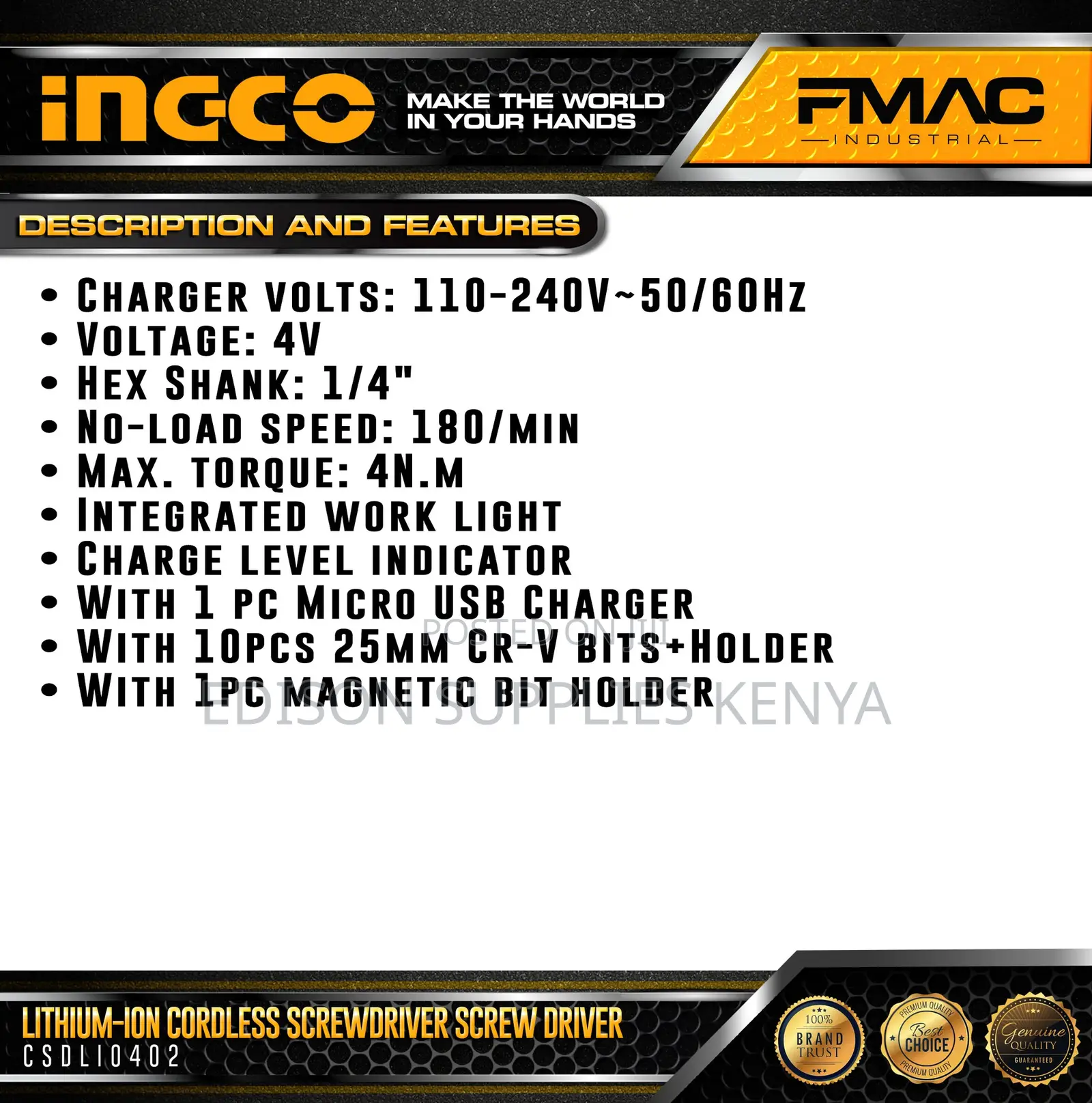 INGCO Cordless Screwdriver Lithium-Ion Screw Driver CSDLI040