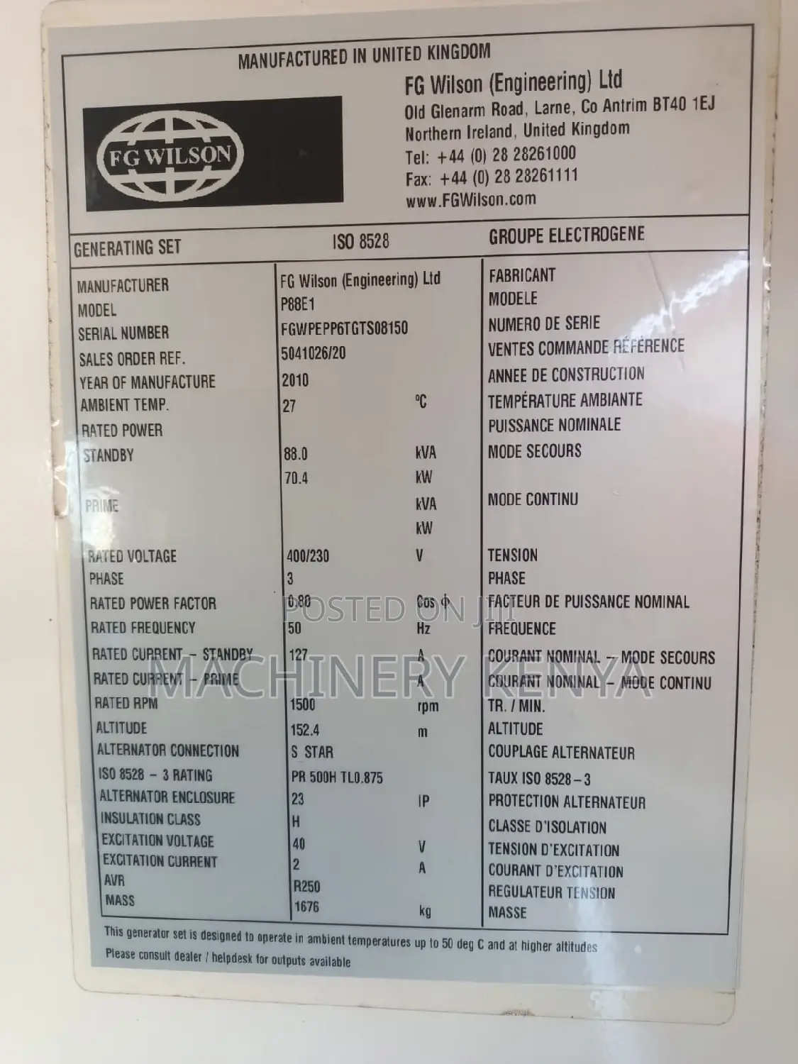 88kva Slightly Used Fg Wilson Perkins UK Generator