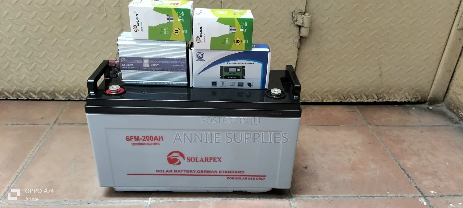Solarpex 200ah + Inverter 600w + 30A Controller + 2 Bulbs.