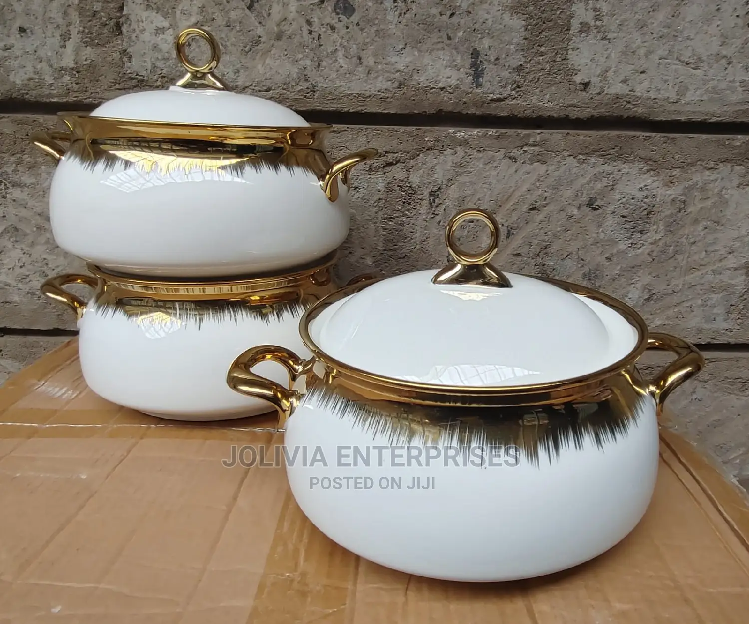3pcs 3ltr Gold Finishing Ceramic Serving Bolws