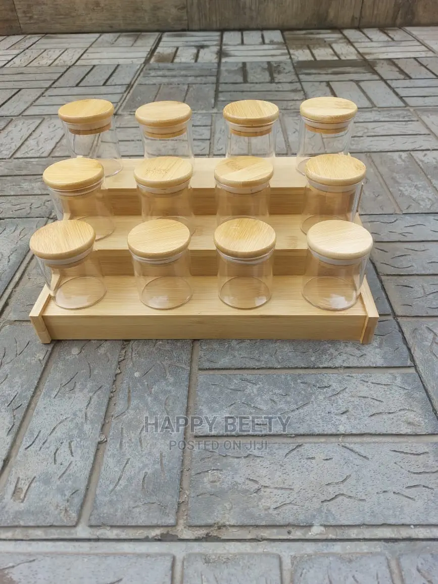 12pcs Glass Spice Jar Set With a Wooden Bamboo Stand