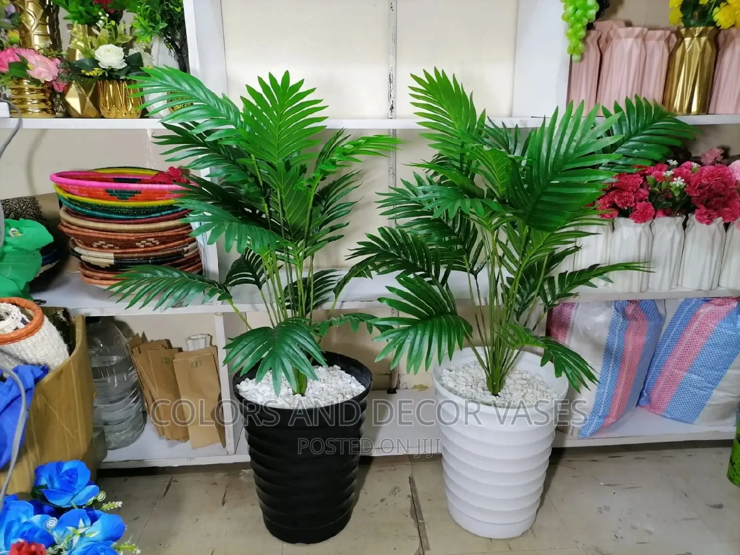 Artificial Palm Tree, Plastic Vase and Pebble Stones