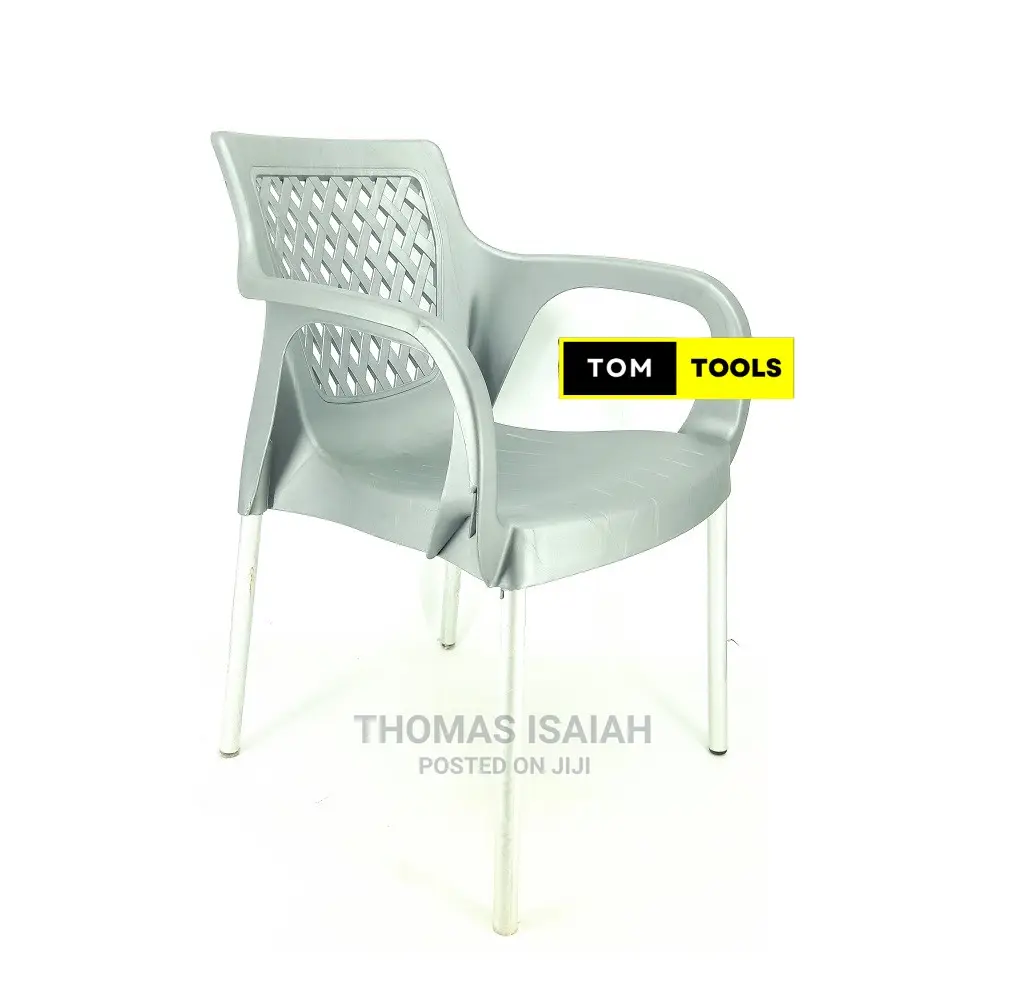 Gray Strong Comfortable Plastic Chair With Metal Tubing Legs