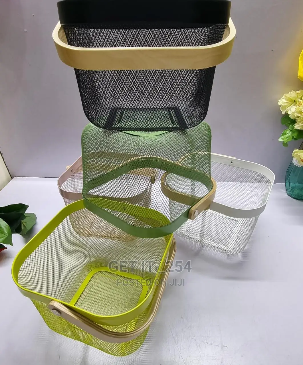 Mesh Wire Fruit Basket With Wooden Handle Size 26cm/18cm/25c