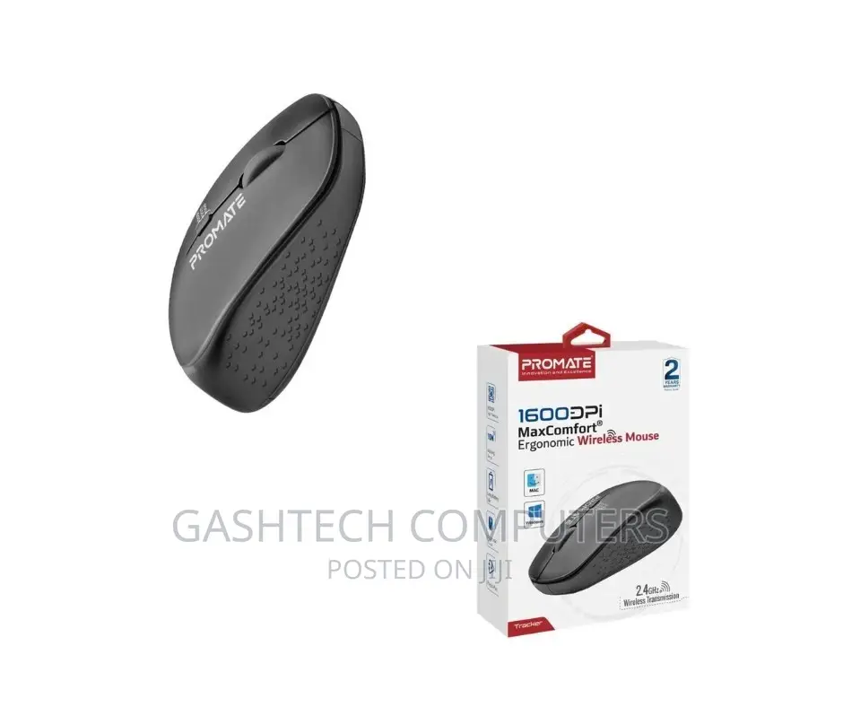 Promate 1600DPI Wireless Ergonomic Contoured Mouse, Black