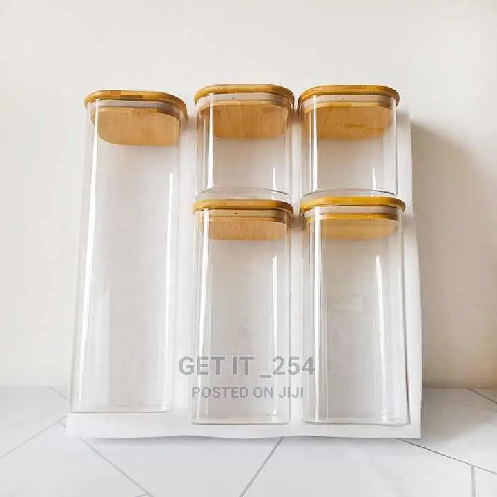 5pcs Square Glass Jars Set With Labels / Square Pantry