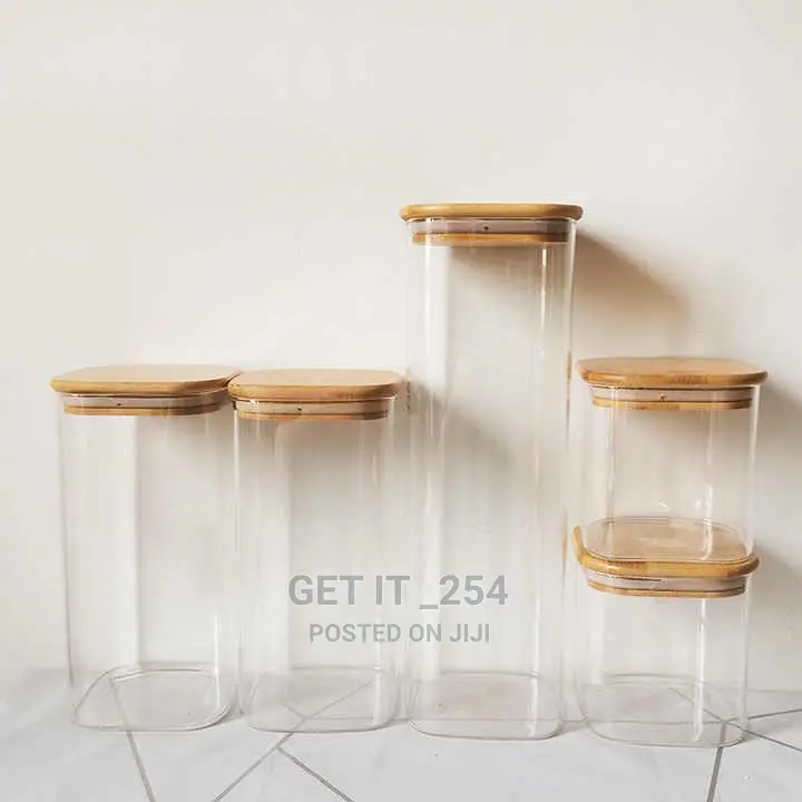 5pcs Square Glass Jars Set With Labels / Square Pantry