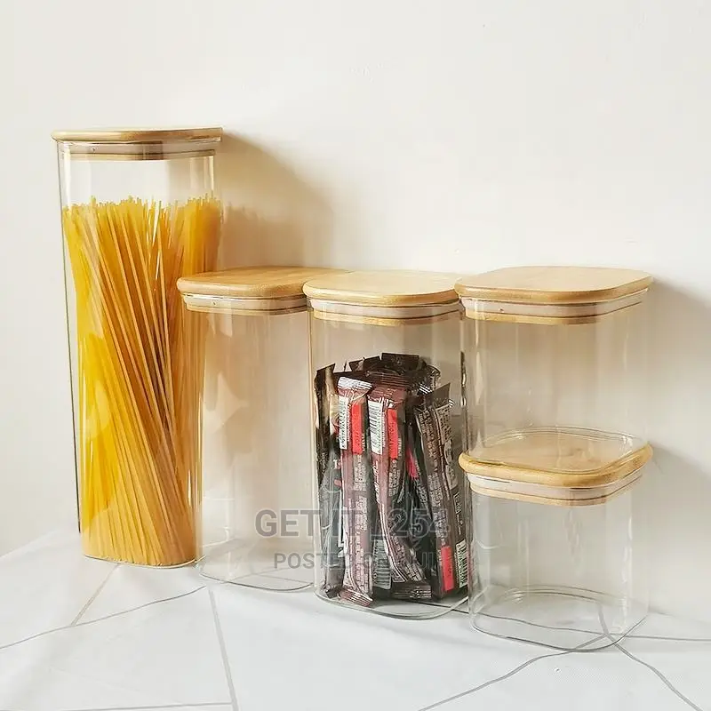 5pcs Square Glass Jars Set With Labels / Square Pantry