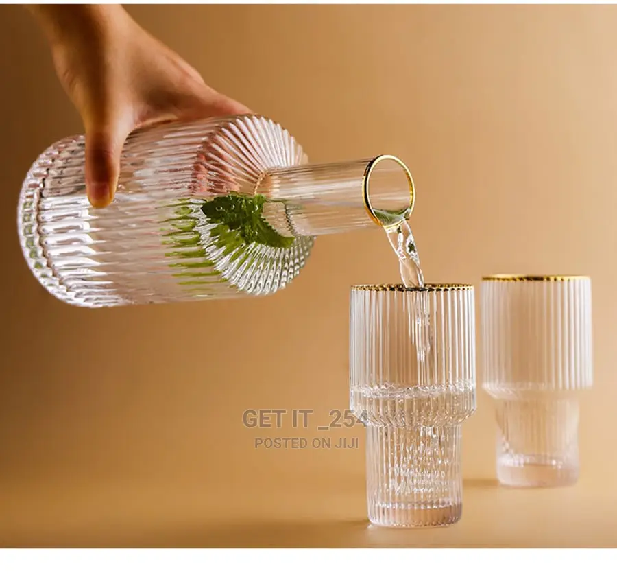 Gold Rim Ribbed Crystal Glass Water Jug +2 Glasses Set.