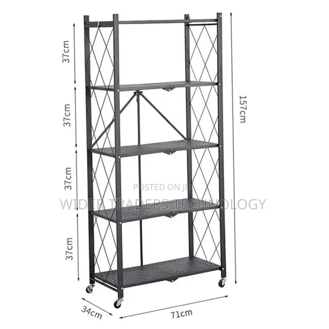 Foldable Kitchen Metallic Storage Rack With Wheels - 5 Tier