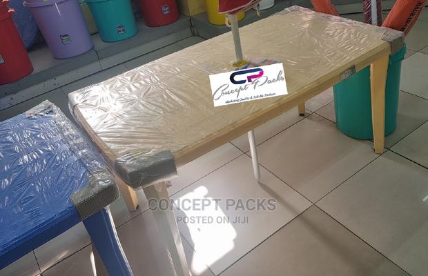 Cream Six Seater Plastic Table With Umbrella Hole - main view