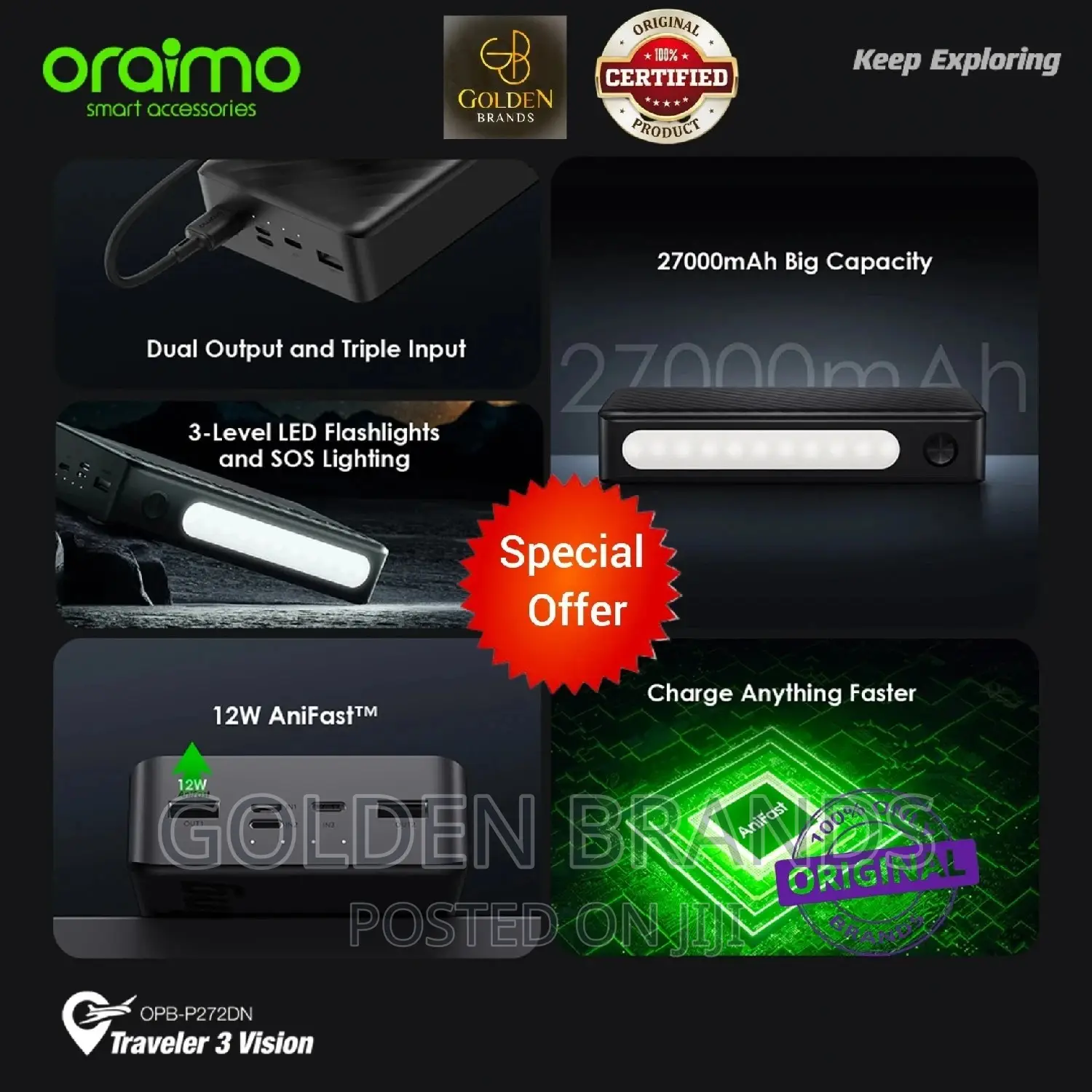 Oraimo 27000 Mah Capacity Power Bank 3level Brightness Torch