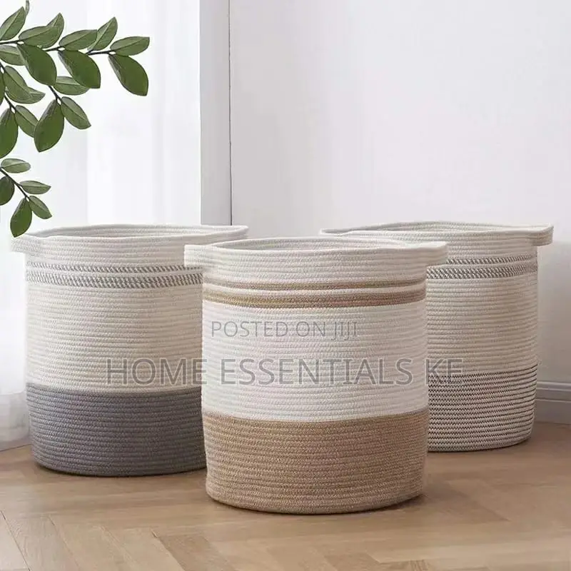 Wooven Cotton Rope Basket-Blue,Grey,Light Blue Print