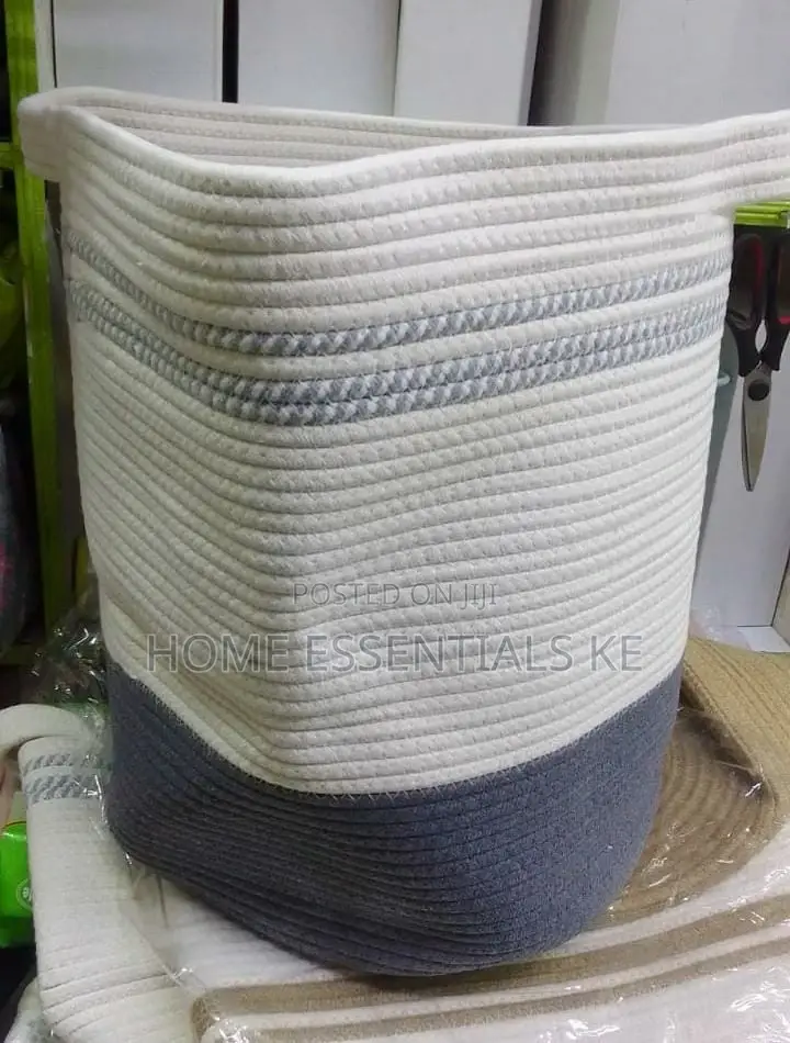 Wooven Cotton Rope Basket-Blue,Grey,Light Blue Print