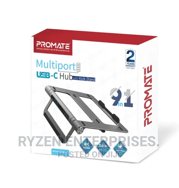 Promate Laptop Stand + USB-C Hub With HDMI, RJ45,USB-C.