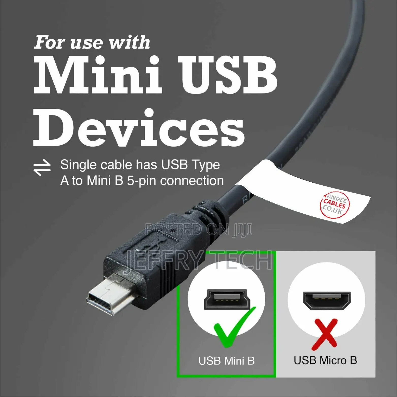 Dash Cam USB a Plug to Mini B 5 Pin 1m Data Cable Power Lead