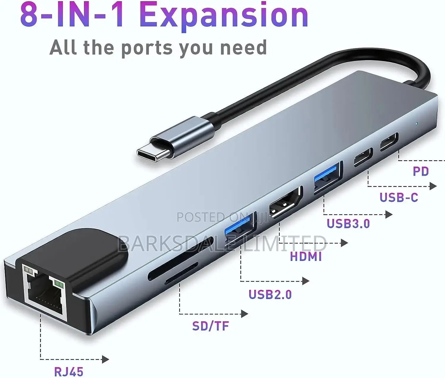 USB C Hub 8 In 1 Adapter HDMI Rj45 Ethernet Sd/Tf Docking
