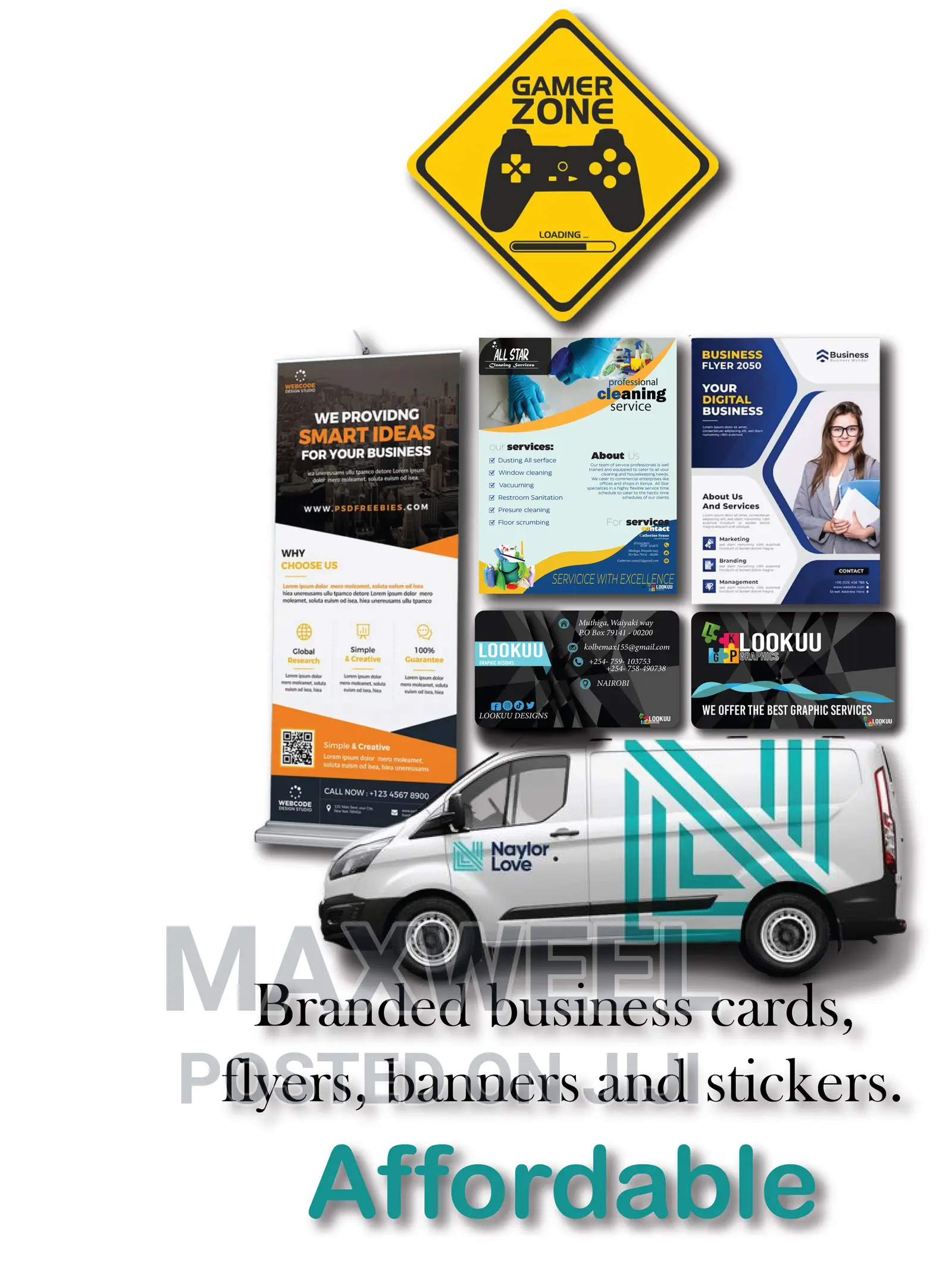 Branded Business Cards, Flyers, Banners and Stickers.