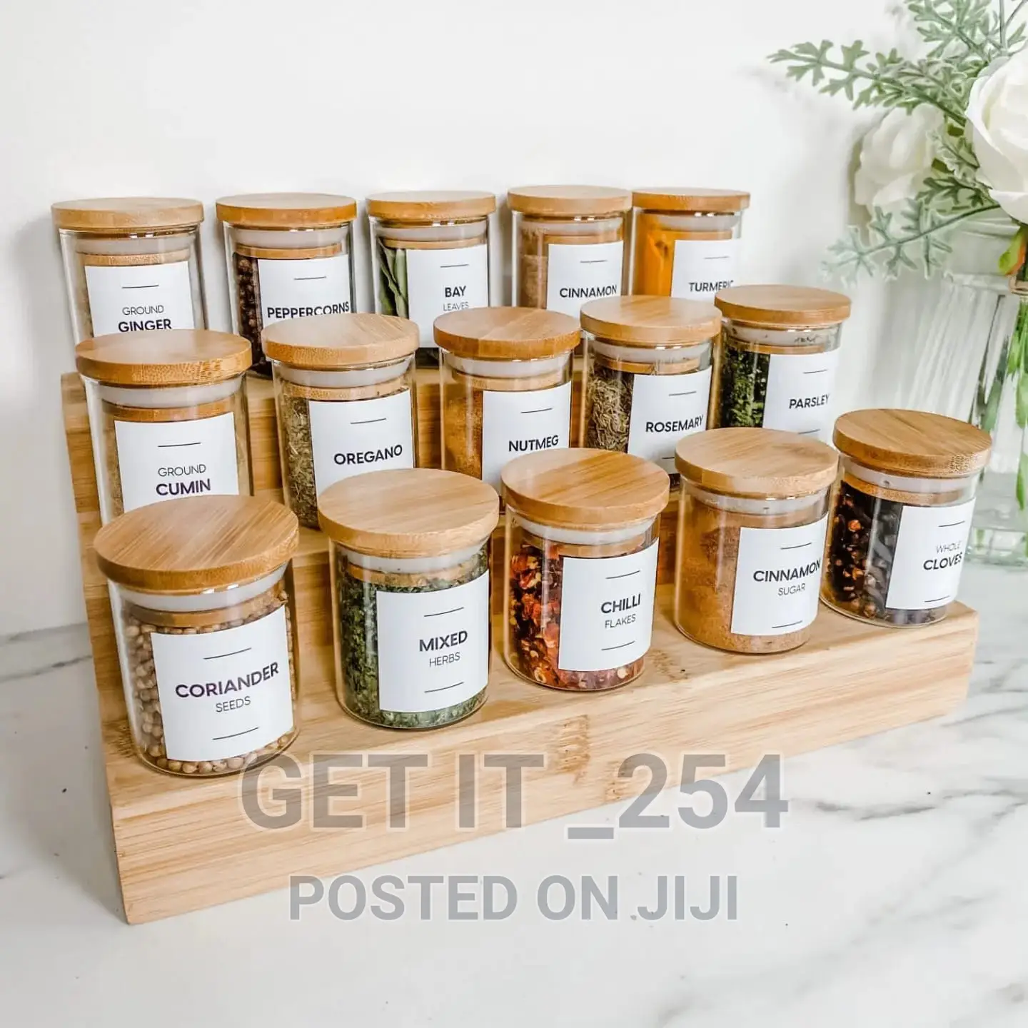 15pcs Glass Spice Jar Set With a Wooden Bamboo Stand