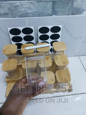 12pcs Square Glass Spice Jar Set With a Wooden Bamboo Stand