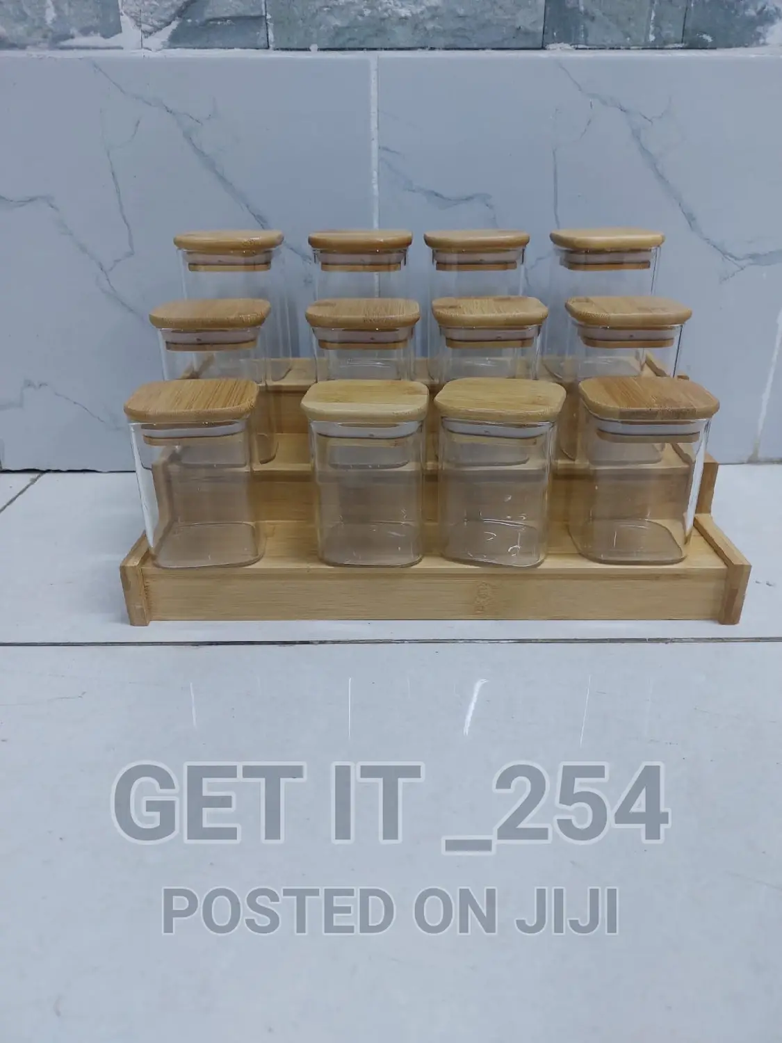 12pcs Square Glass Spice Jar Set With a Wooden Bamboo Stand