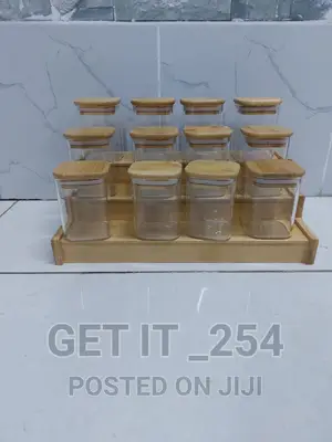 12pcs Square Glass Spice Jar Set With a Wooden Bamboo Stand