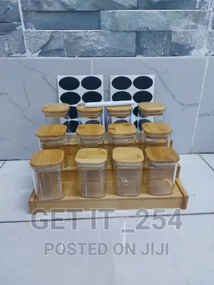 12pcs Square Glass Spice Jar Set With a Wooden Bamboo Stand