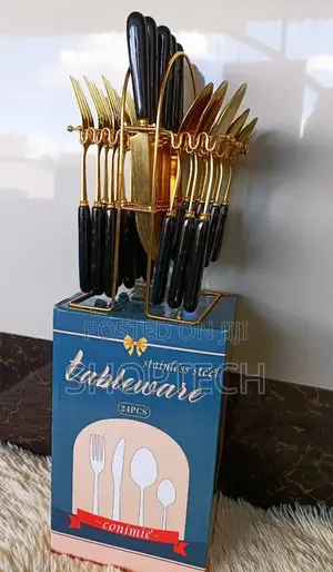 Gold With Marble Handle 24pcs Cutlery Set