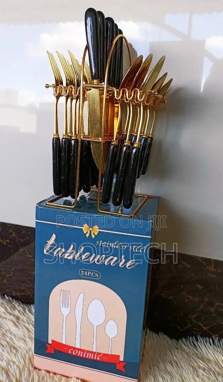 Gold With Marble Handle 24pcs Cutlery Set