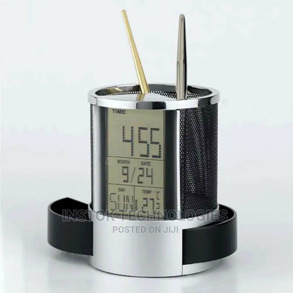 Pen Pencil Holder Digital LCD Desk Alarm Clock Mesh