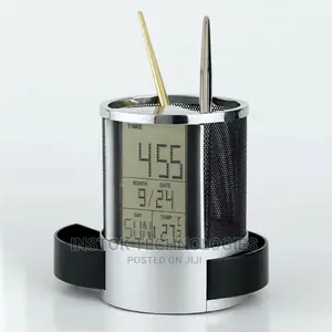 Pen Pencil Holder Digital LCD Desk Alarm Clock Mesh