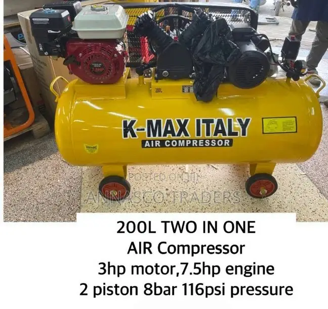 Kmax Italy Electric and Petrol 200L Air Compressor 3hp Motor