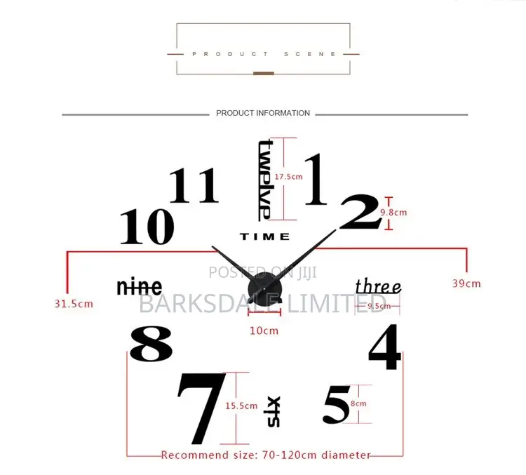 DIY Clock Wall Clock Mirror Stickers Black Silent 3D Large